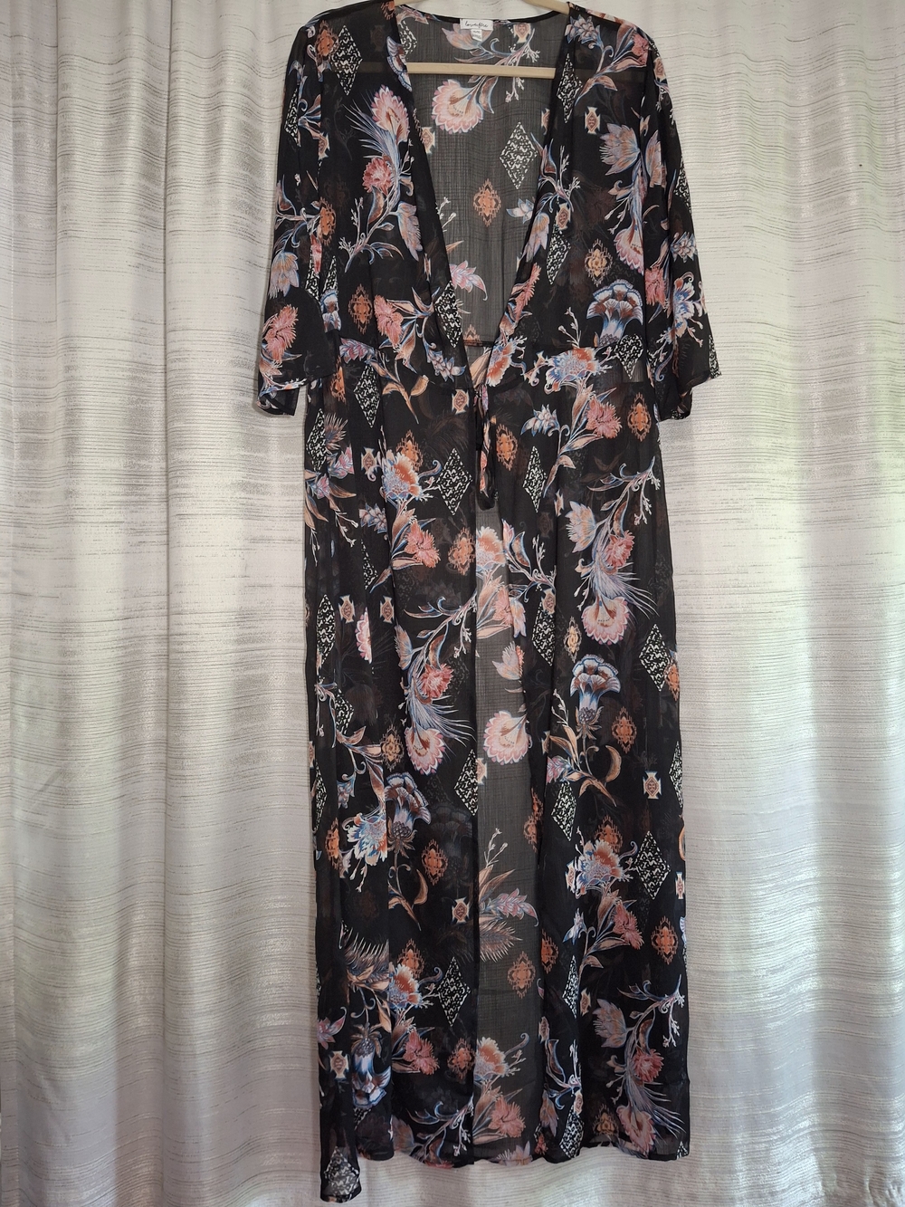 love, Fire Floral Sheer Duster Top in Black with Peach & Blue Accents XL